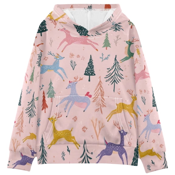 Kids' Hooded Pullover Sweatshirt Casual Tops Long Sleeve Print Hoodies Pocket Cute Deer and Christmas Trees
