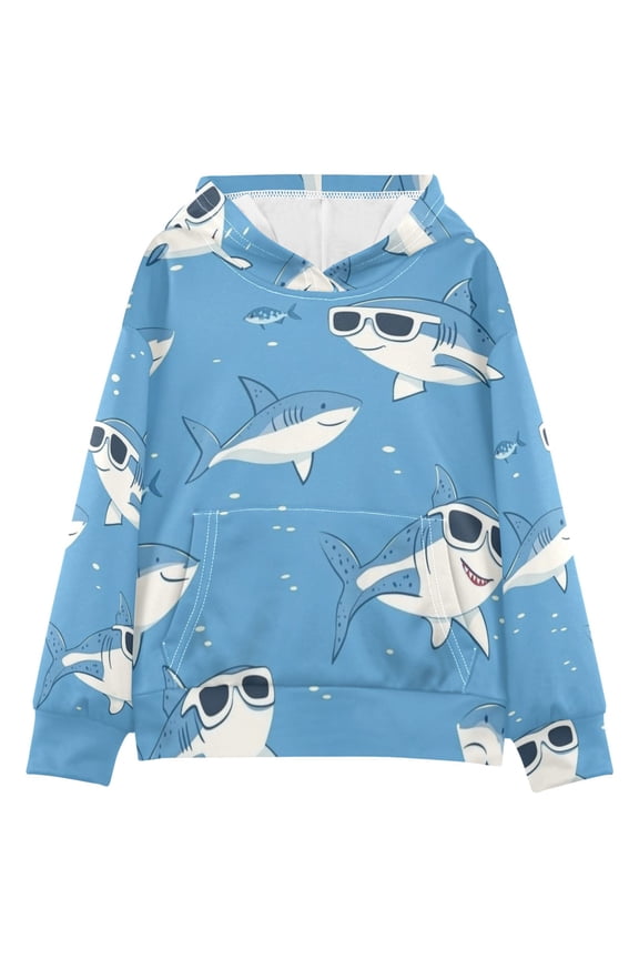 Kids' Hooded Pullover Sweatshirt Casual Tops Long Sleeve Print Hoodies Pocket Cute Sharks Wearing Sunglasses