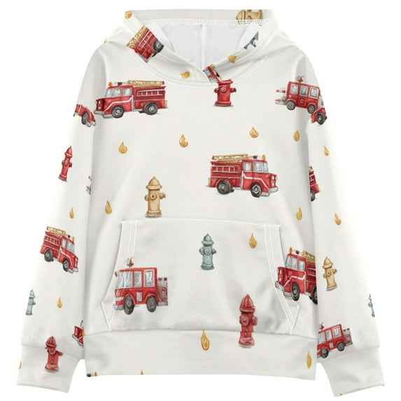 Kids' Hooded Pullover Sweatshirt Casual Tops Long Sleeve Print Hoodies Pocket Red Fire Trucks Pattern