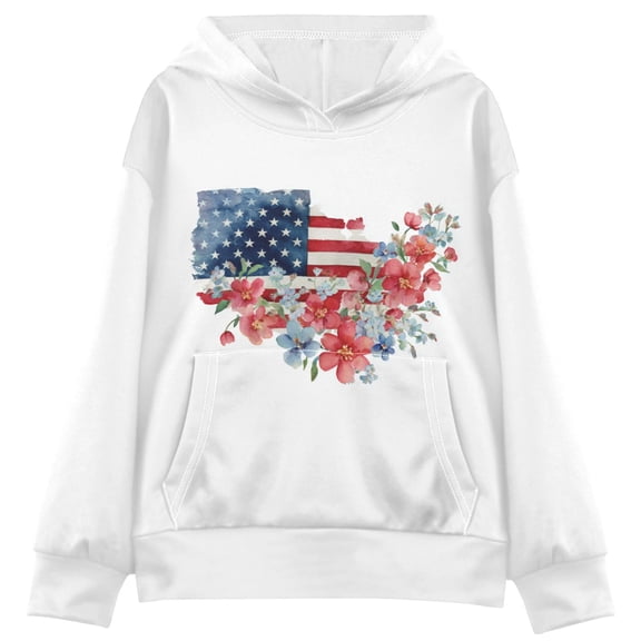 Kids' Hooded Pullover Sweatshirt Casual Tops Long Sleeve Print Hoodies Pocket Watercolor Flag with Flowers Small