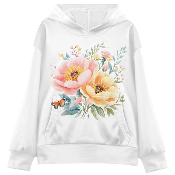 Kids' Hooded Pullover Sweatshirt Casual Tops Long Sleeve Print Hoodies Pocket Watercolor Peonies Large