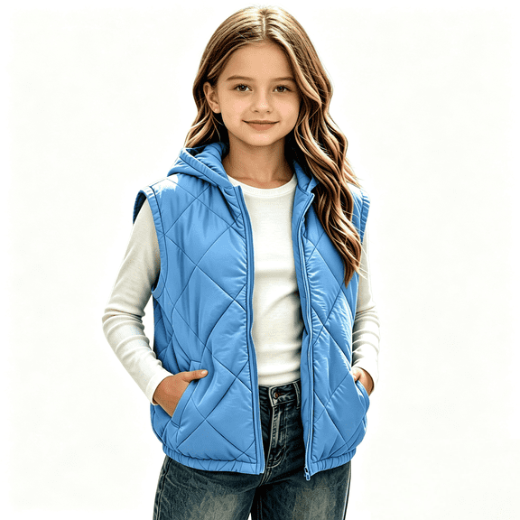 Kids Hooded Quilted Puffer Vest Warm Sleeveless Zip-Up Outerwear Jacket for Boys and Girls Size 14-16