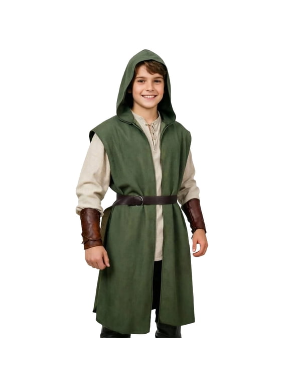 Kids Hooded Sleeveless Tunic, Vintage Style Tabard Top, Themed Outerwear for Role Play Events