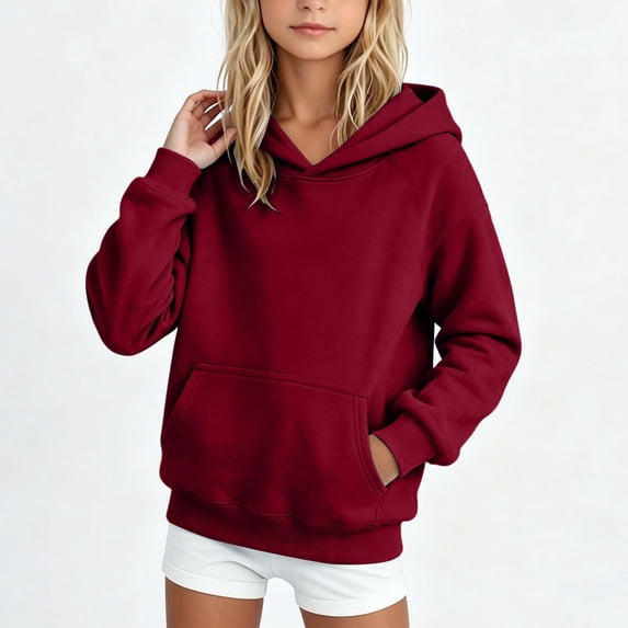 Kids Hooded Sweatshirt Solid Color Long Sleeve Warm Pullover With Pocket