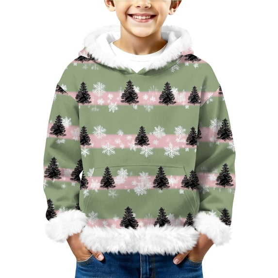 Kids Hooded Sweatshirt with Cartoon Santa Claus Print Faux Fur Trim Long Sleeve Pullover Casual Winter Top for Boys Girls