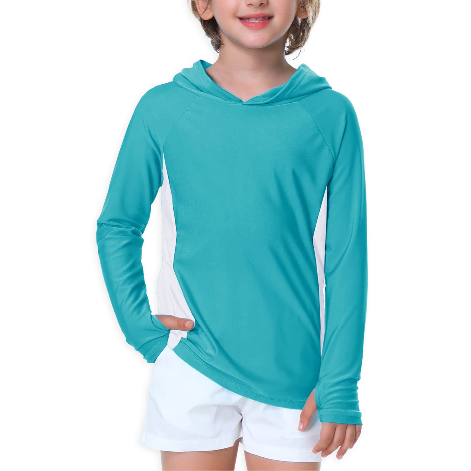Kids Hooded Swim Shirt Long Sleeve Boys Girls Solid Color Rash Guard Tops  Uv Protective Athletic Shirts Aqua White 7-8 Years - Walmart.com