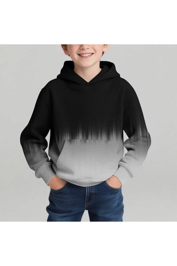 Kids Hoodie Boys Gradient Gray Black Soundwave Graphic Pullover Youth Stretchy Hooded Sweatshirt with Pocket,Size 3-4 T