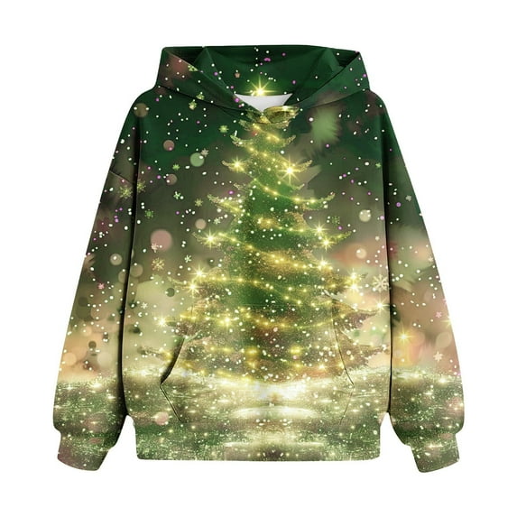 Kids Hoodie, Brushed Kids Fleece, Christmas Children's Shirt Long Sleeved Pattern T-shirt Printed Round Neck Short Top Boys and Girls Aged Hooded Sweatshirt Green 5 Years