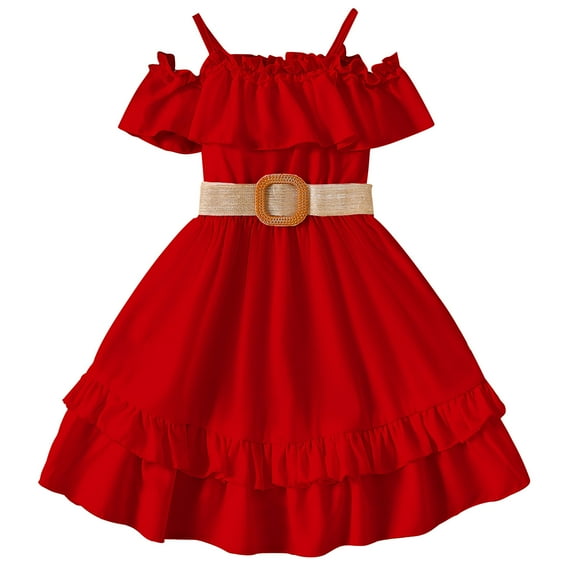 Kids Hoodie Dress Toddler Kids Girls Fashion Cute Solid Color Flounce Suspenders Sleeveless Belt Dress Girls Plus Size Formal Dress Red-A 5Y