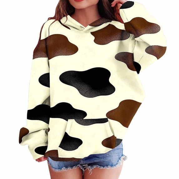 Kids Hoodie Fleece Cow Print Pullover with Pockets Warm Animal Hooded Sweatshirt, Long Sleeve,Cozy, Casual, Loose Fit, for Girls Ages 3-14 Years