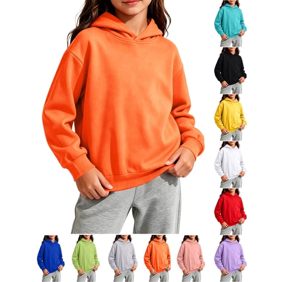 Kids Hoodie Kids Pullover Hoodie Girls And Boys Solid Color Long Sleeve Hooded Sweatshirt Casual Basic Tops For 2-14 Years Orange 9-10 Years