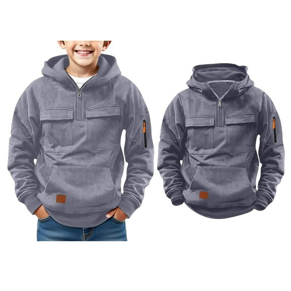 Kids Hoodie Quarter Zip Hoodie Long Sleeve Hooded Sweatshirt Top with Multi-pocket Boy Clothes 5-6 Years