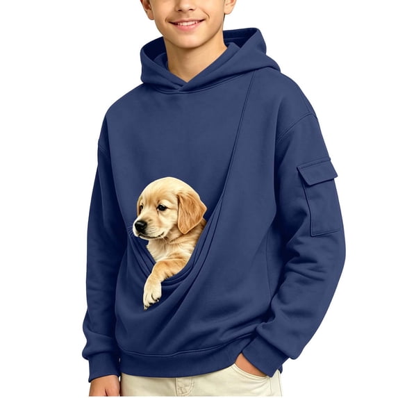 Kids Hoodie with Dog Pouch Boys Oversized Cat Hoodies with Cargo Pockets for Dogs Cats Pet Solid Color Sweatshirts