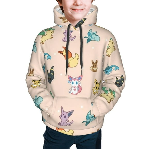 Kids Hoodies,Cartoon Eevee,Vaporeon,Leafeon,Umbreon,Espeon,Glaceon,Flareon,Jolteon Sweatshirt with Pockets for Boys Teens 14-16 Years Old,L