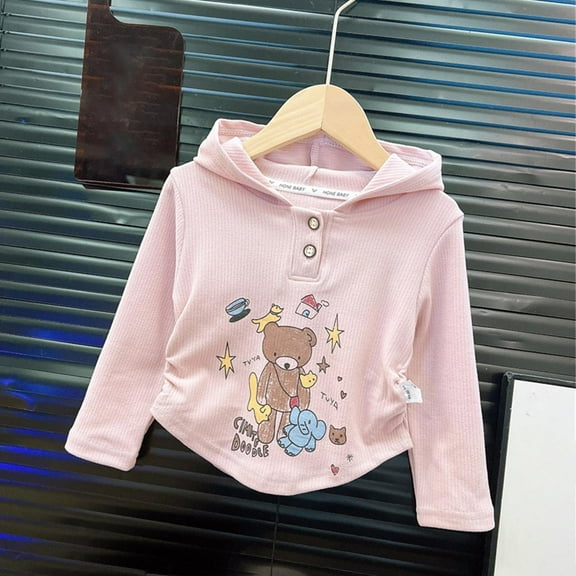 Kids Hoodies For Girls Crop Top Print Long Sleeve T Shirts Hooded Sweatshirt Casual Clothes Pink 4-5 Years
