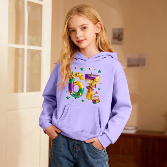 Kids Hoodies Sweatshirts 6 7 Six Seven Letter Comfortable Carnival Print Girls Hooded Sweatshirt Soft Pullover With Pockets Playful Graphic Long Sleeve Top Light Purple 150(9-10 Years)