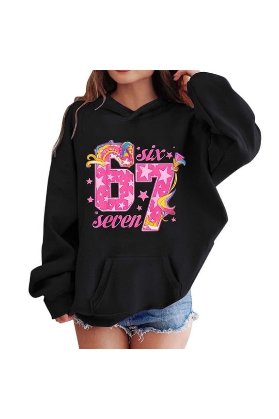 Kids Hoodies Sweatshirts 6 7 Six Seven Letter Hoodies Sweatshirts Comfortable Girls Long Sleeve Hooded Sweatshirt With Print And Pocket Pullover For Play And Everyday Wear Black 140(7-8 Years)