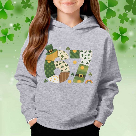 Kids Hoodies Sweatshirts 6 7 Six Seven Letter Hoodies Sweatshirts Comfortable St. Patrick'S Day Girls' Hooded Sweatshirt Print Pullover Soft Fleece Kids Long Sleeve Top Light Gray 120(6-7 Years)
