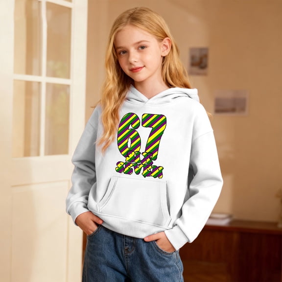 Kids Hoodies Sweatshirts 6 7 Six Seven Letter Sweatshirts Comfortable Carnival Print Girls Hooded Sweatshirt Soft Fleece Pullover With Pockets For Playful Comfort White 130(5-6 Years)