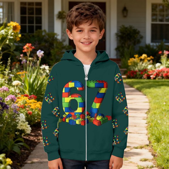 Kids Hoodies Sweatshirts 6 7 Six Seven Letter Sweatshirts Comfortable Girls Cartoon Graphic Zip Up Hoodie Long Sleeve Pullover Jacket With Anime Print Dark Green 110(4-5 Years)