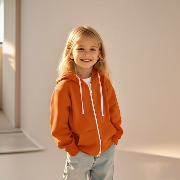 Kids Hoodies for Girls Orange Zip Hooded Casual Long Sleeve Sweatshirts Jackets Winter Clothes Girls Tops Size 7-8 Years