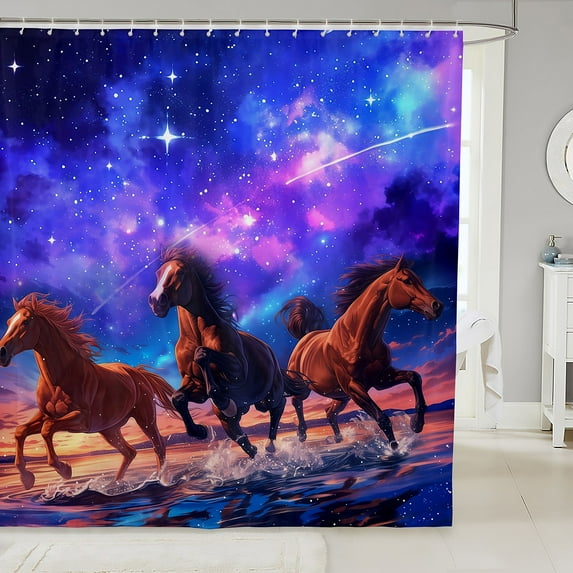 Kids Horse Bath Curtain Glitter Stars Shower Curtain 72x78 For Boys Girls,Psychedelic Galaxy Waterproof Fabric Purple Space Universe Waterproof Cloth Brown Galloping Horse Animal Themed Home Decor