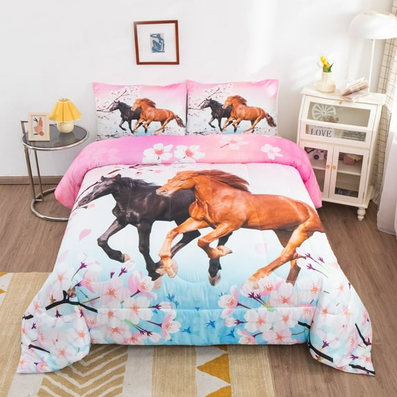 Horse Bedding Set Chic Cherry Blossom Bedding Comforter Set Teens Galloping Horse Printed Comforter 3D Wild Animal Duvet Set Bedroom Decor Quilt Set 3Pcs Queen Size