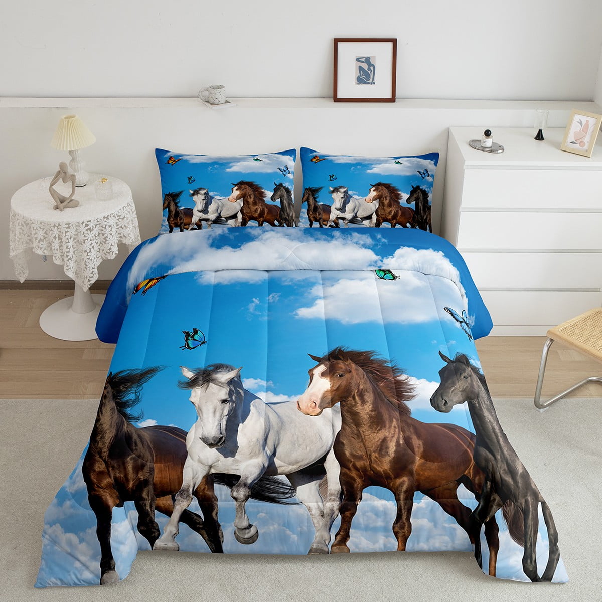 Kids Horse Bedding Twin White Brown Galloping Comforter Set, Rustic