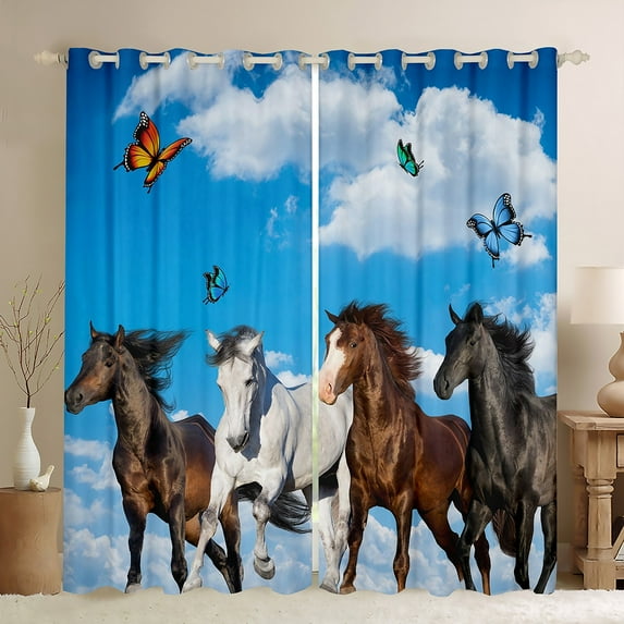Horse Curtains White Brown Galloping Curtains & Drapes, Rustic Farmhouse Blackout Curtains Farm Animals Bedroom Curtains, Blue Sky Butterfly Window Treatments Western Cowboys Cowgirls Room Decor