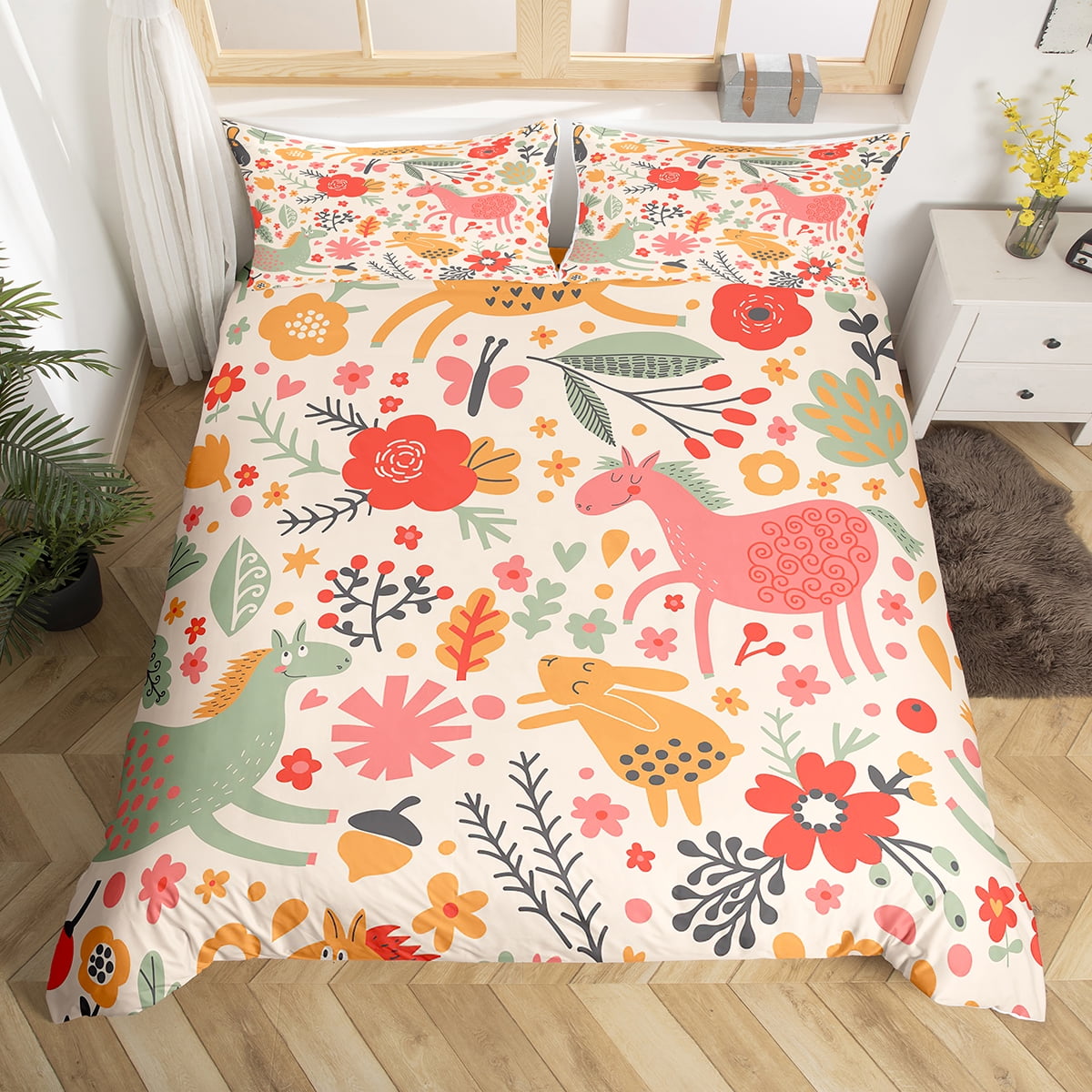 Kids Horse Duvet Cover Full Size,Cute Rabbit Bedding Set for Girls Boys ...