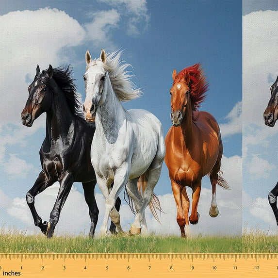 Kids Horse Fabric By The Yard,Farmhouse Animal Upholstery Fabric,Brown Galloping Horse Decorative Fabric,Blue Sky White Cloud Indoor Outdoor Fabric for DIY,White Black,2 Yards