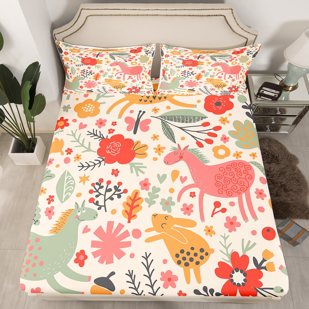 Feelyou Cute Rabbit Bedding Set - Twin Size Pink Cartoon Bunny Sheets & Pillowcase - View #8