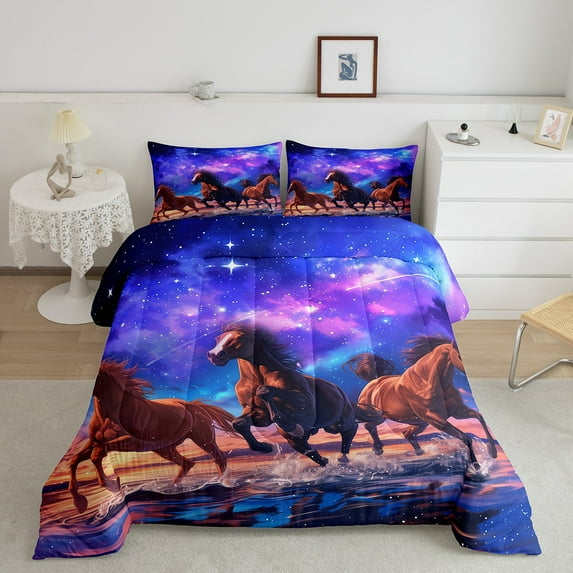 Kids Horse King Comforter Set Glitter Stars Bedding Set For Boys Girls,Psychedelic Galaxy Down Comforter Purple Space Universe Bed Set Brown Galloping Horse Quilted Duvet Animal Themed Home Decor