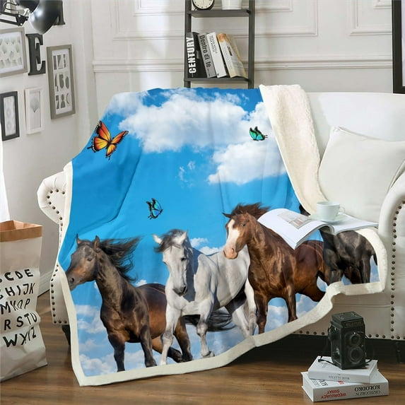 Horse Sherpa Blanket White Brown Galloping Blanket, Rustic Farmhouse Throw Blanket for Chair Farm Animals Fleece Blanket, Blue Sky Butterfly Plush Blanket Western Cowboys Cowgirls Room Decor