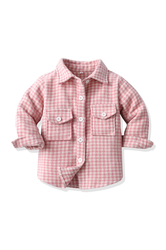 Kids Houndstooth Plaid Lapel Shirt Jacket, Unisex Button-Down Shacket for 3 Months-8 Years, Warm Casual Fall/Winter Outwear