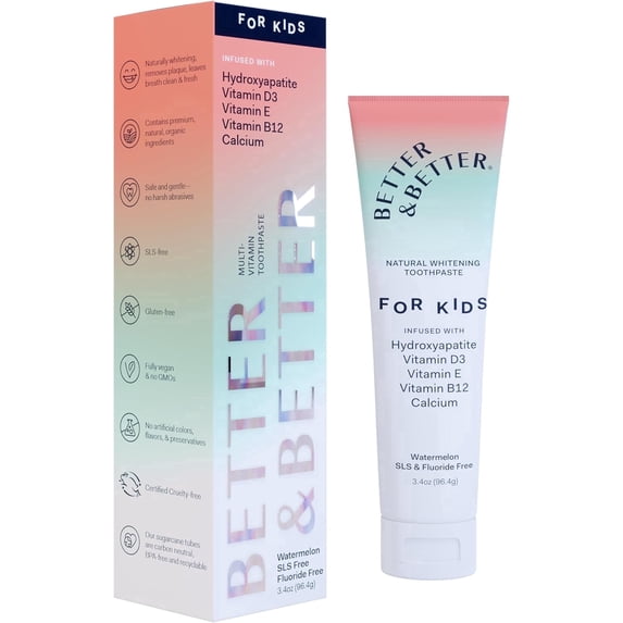 Kids Hydroxyapatite & Multivitamin Toothpaste | Infused w/Calcium & Vitamins D, E, B12 | Fluoride & SLS Free for Sensitive Brushers | Watermelon Flavor