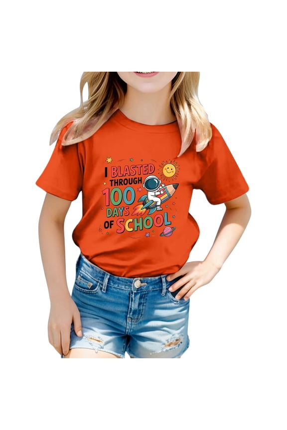 Kids' I Blasted Through 100 Days Of School Letter Print Crew Neck T Shirt (1 13Y) Orange 10 Y-11 Y