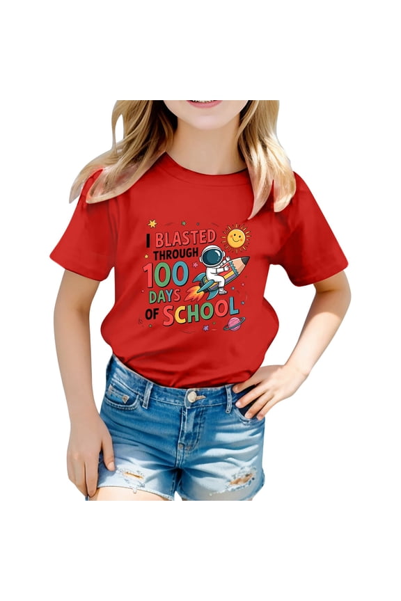 Kids' I Blasted Through 100 Days Of School Letter Print Crew Neck T Shirt (1 13Y) Red 10 Y-11 Y