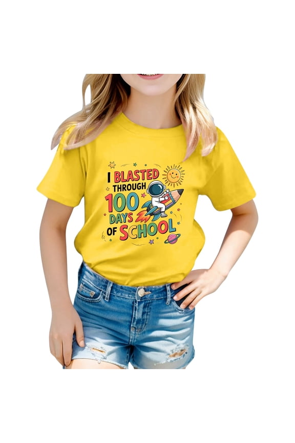Kids' I Blasted Through 100 Days Of School Letter Print Crew Neck T Shirt (1 13Y) Yellow 2 Y-3 Y