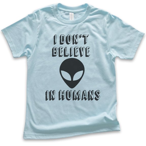 Kids I Don't Believe In Humans T-shirt, Youth Kids Boy Girl T-Shirt, Funny Alien T-shirt, UFO Shirt, Light Blue, X-Large