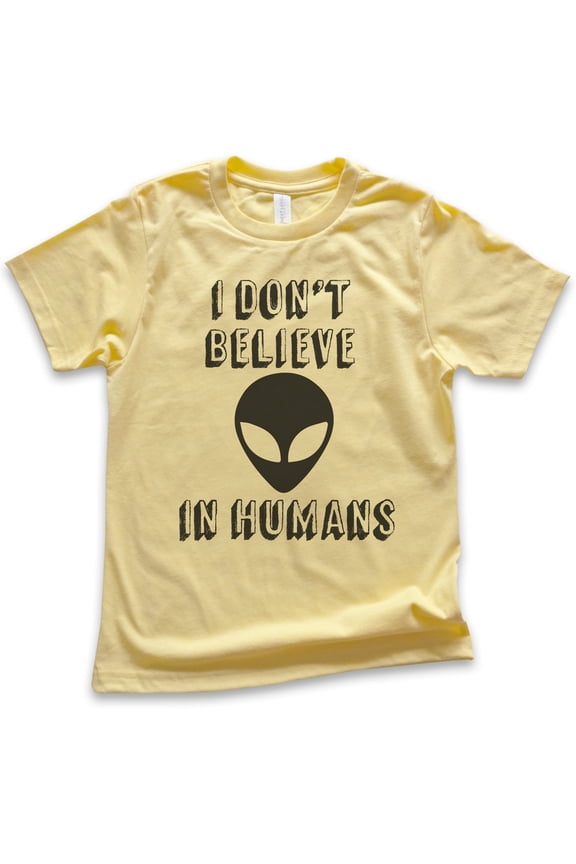 Kids I Don't Believe In Humans T-shirt, Youth Kids Boy Girl T-Shirt, Funny Alien T-shirt, UFO Shirt, Yellow, Medium