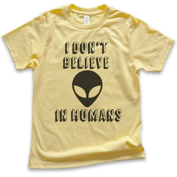 Kids I Don't Believe In Humans T-shirt, Youth Kids Boy Girl T-Shirt, Funny Alien T-shirt, UFO Shirt, Yellow, X-Small