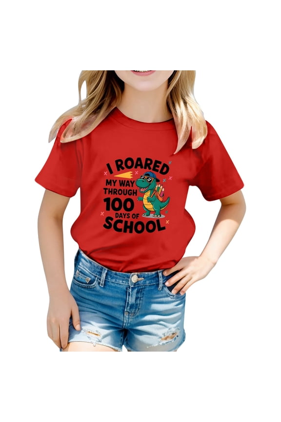 Kids' I Roared My Way Through 100 Days Of School Letter Print Crew Neck T Shirt Red 3 Y-4 Y