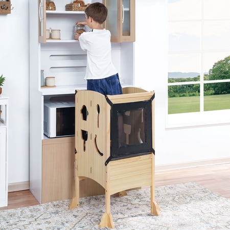 Kids I'm a Big Helper, Kitchen Step Stool for Kids, Children with Safety Rail, Standing Tower for Learning Little Helper, Solid Wooden Foldable Counter Stool for Kids by Naomi Home- Natural