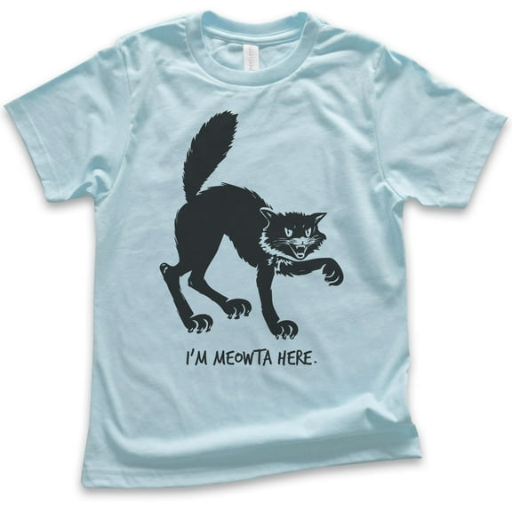 Kids I'm Meowta Here Cat Shirt, Youth Kids Boy Girl T-Shirt, Halloween Shirt, Black Cat Shirt, Cat Shirt, Light Blue, Large
