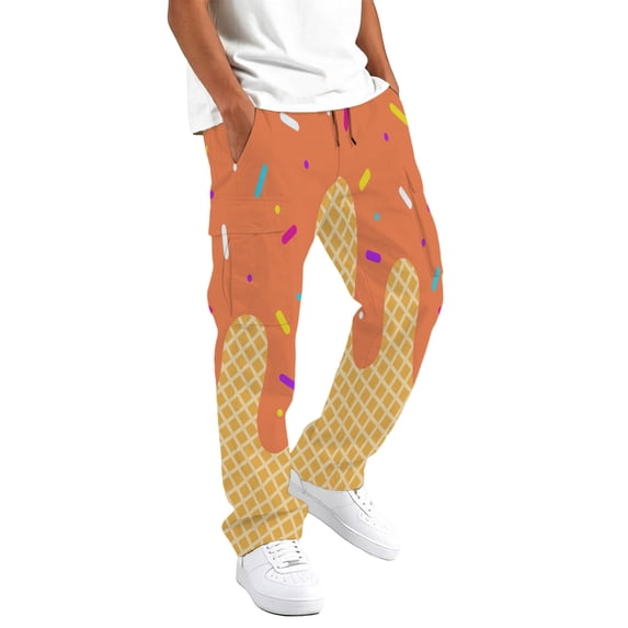 Kids Ice Cream Print Cargo Pants Boys Girls Elastic Waist Drawstring Casual Trousers Lightweight Wide Leg Pocket Pants for Daily Outdoor Streetwear(Multicolour8,15-16 Years)