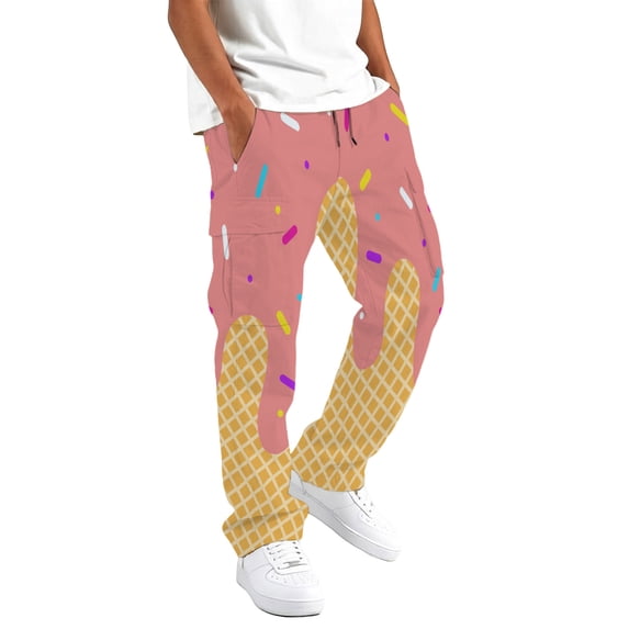 Kids Ice Cream Print Cargo Pants Boys Girls Elastic Waist Drawstring Casual Trousers Lightweight Wide Leg Pocket Pants for Daily Outdoor Streetwear(Multicolour2,13-14 Years)