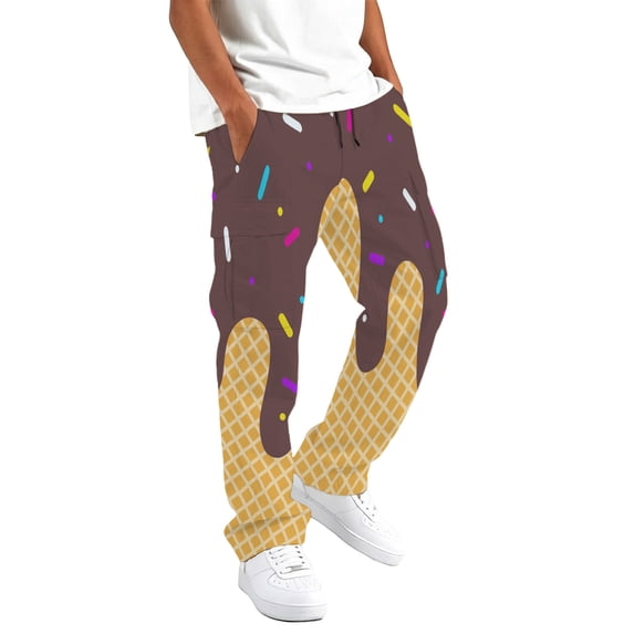 Kids Ice Cream Print Cargo Pants Boys Girls Elastic Waist Drawstring Casual Trousers Lightweight Wide Leg Pocket Pants for Daily Outdoor Streetwear(Multicolour1,13-14 Years)