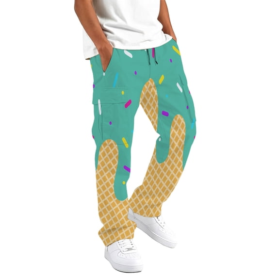 Kids Ice Cream Print Cargo Pants Boys Girls Elastic Waist Drawstring Casual Trousers Lightweight Wide Leg Pocket Pants for Daily Outdoor Streetwear(Multicolour9,9-10 Years)