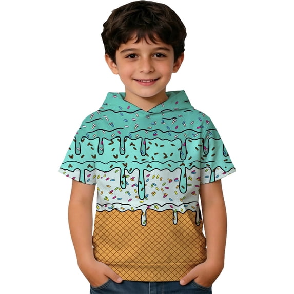 Kids Ice Cream Print Short Sleeve Hoodie Size 4-12Y Lightweight Pullover With Pocket Summer Top for Boys Girls